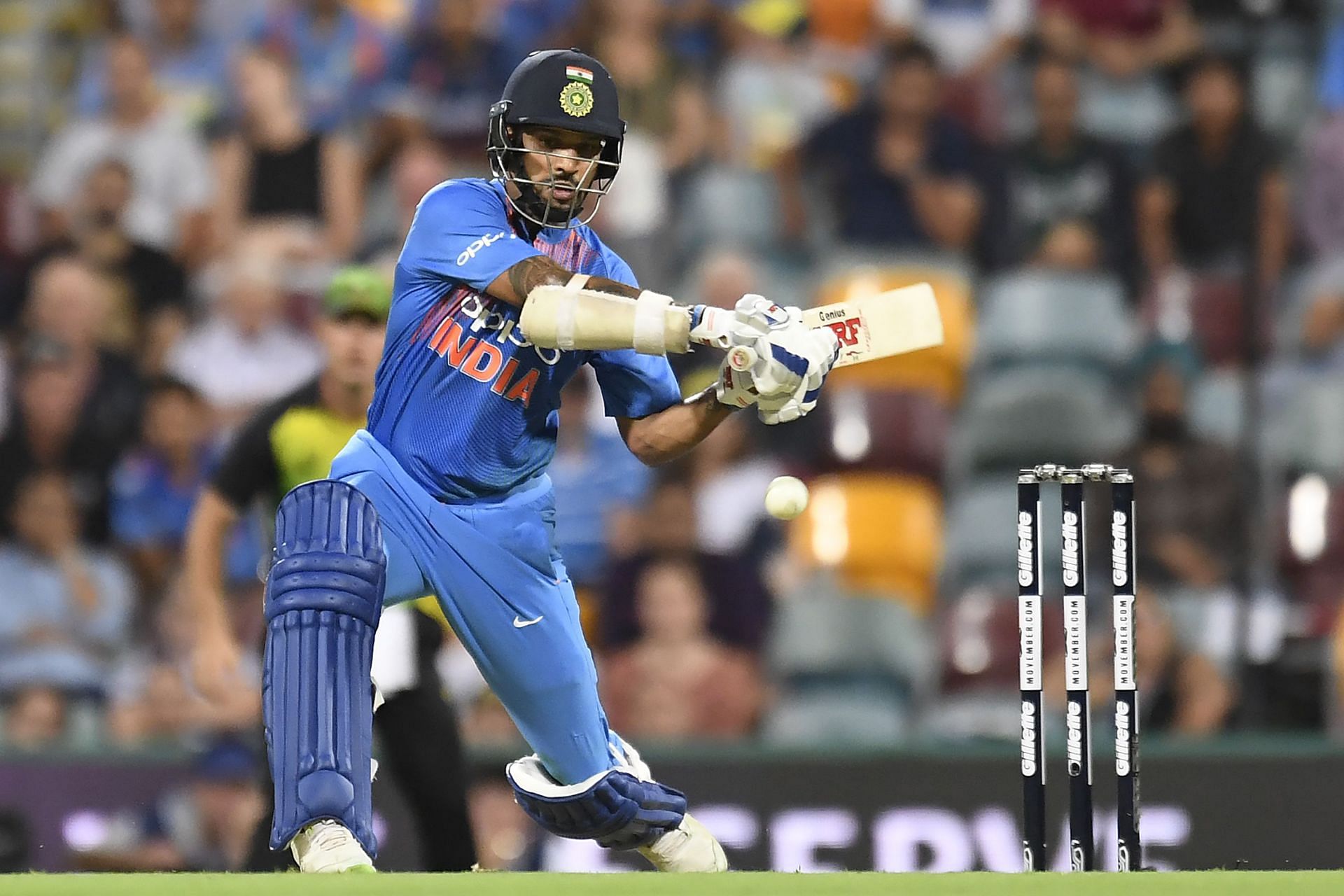 Shikhar Dhawan bats during the 2018 Brisbane T20I. Pic: Getty Images